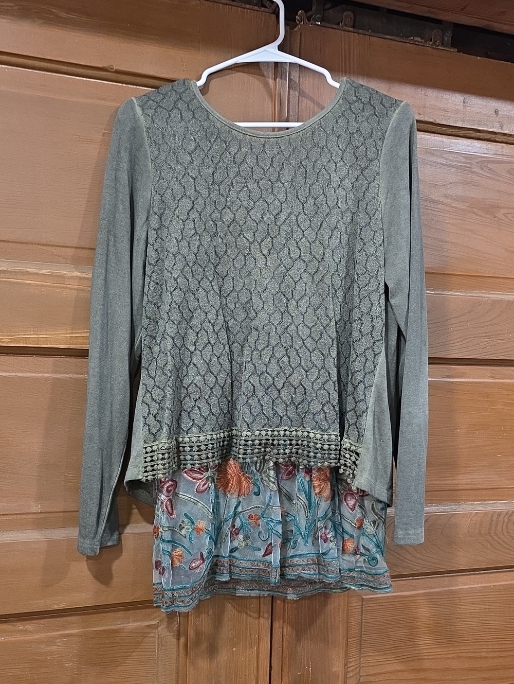 Picadilly Fashion Olive Green Layered Lace-Trim Tunic with Floral Hem